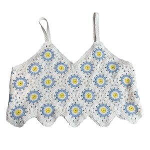 Wowo Women’s Size S Crochet Granny Square Tank Top White Yellow Blue Cottagecore